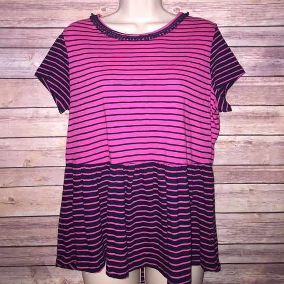 Crown & Ivy Navy Pink Striped Top Petite Medium - Picture 2 of 4
